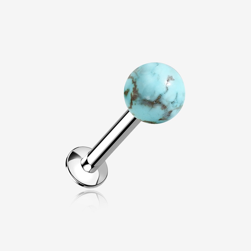 Turquoise Stone Ball Top Steel Flat Back Stud Labret 16 GA (1.2mm), 1/4″ (6mm), Ball: 4mm