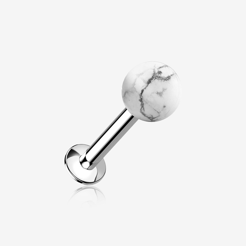 White Howlite Stone Ball Top Steel Flat Back Stud Labret 16 GA (1.2mm), 1/4″ (6mm), Ball: 4mm