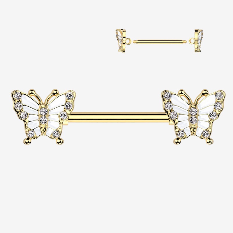 A Pair of Golden Elegant Argent Butterfly Sparkle Nipple Barbell 14 GA (1.6mm), 1/2″ (12mm)