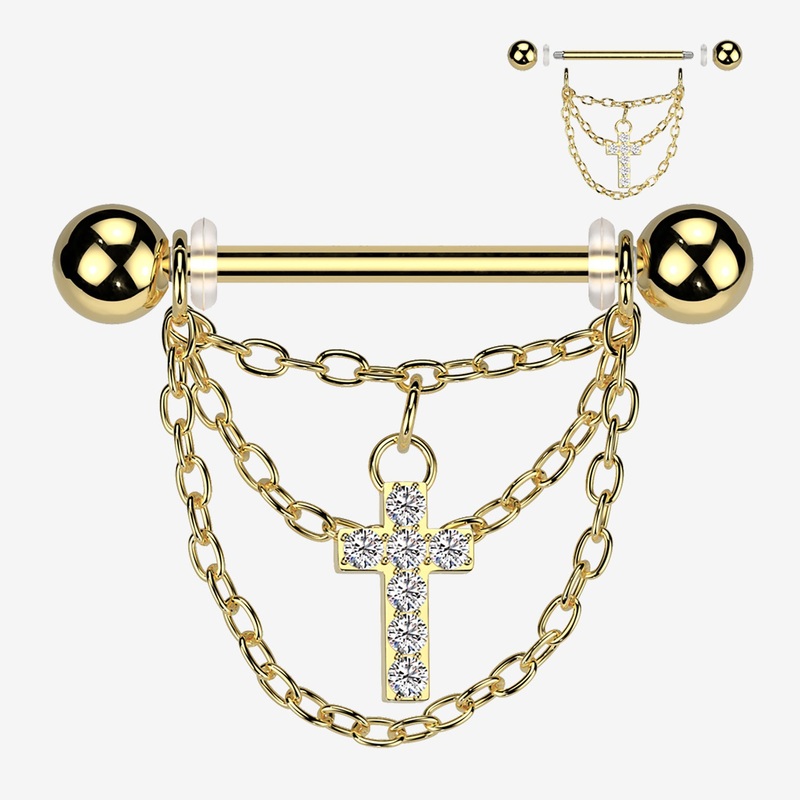 A Pair of Golden Triple Chained Sparkle Cross Nipple Barbell 14 GA (1.6mm), 1/2″ (12mm)