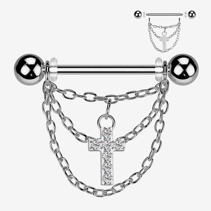A Pair of Triple Chained Sparkle Cross Nipple Barbell 14 GA (1.6mm), 1/2″ (12mm)