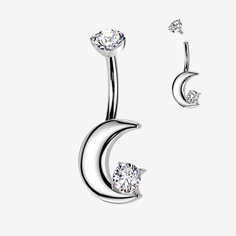 Implant Grade Titanium Crescent Moon Sparkle Internally Threaded Belly Button Ring
