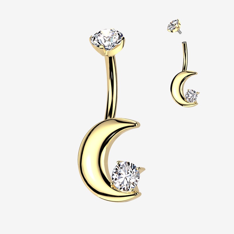 Implant Grade Titanium Golden Crescent Moon Sparkle Internally Threaded Belly Button Ring