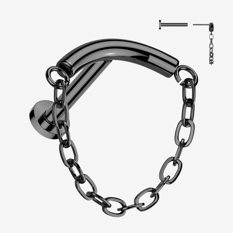 Implant Grade Titanium OneFit Threadless Blackline Chained Curved Bar Top Flat Back Labret 18 GA (1mm), 5/16″ (8mm)