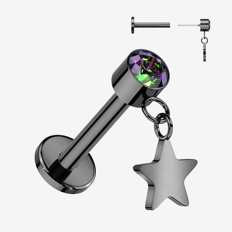 Implant Grade Titanium OneFit Threadless Blackline Sparkle Dangle Star Top Flat Back Labret 18 GA (1mm), 5/16″ (8mm)