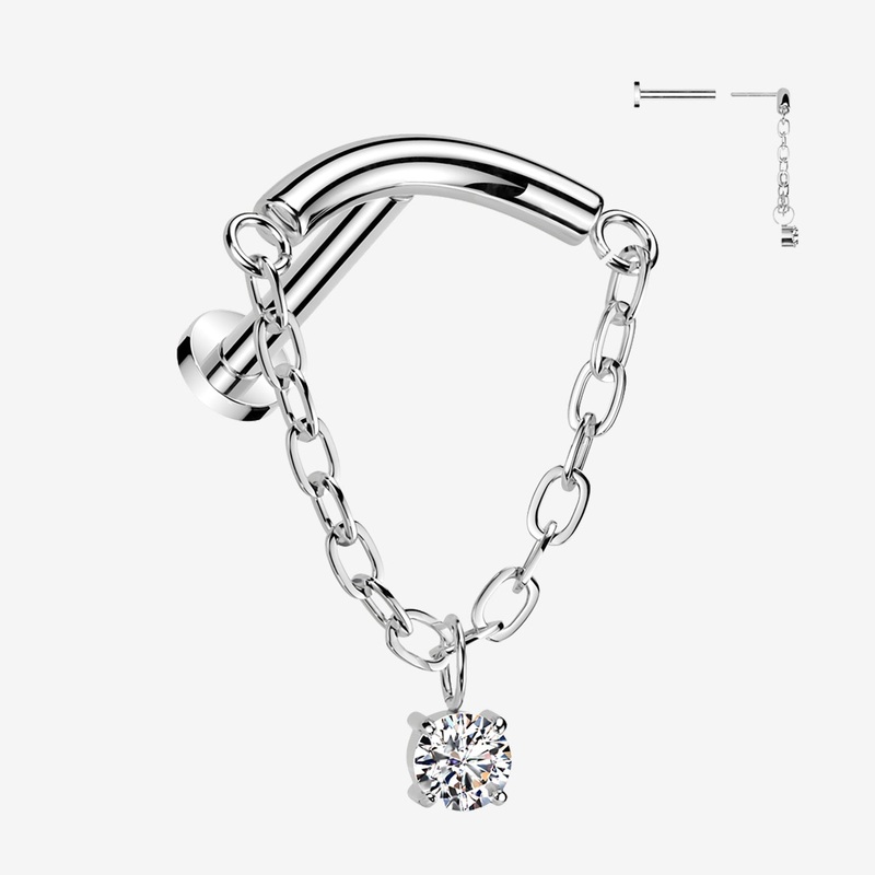Implant Grade Titanium OneFit Threadless Chained Curved Bar Sparkle Top Flat Back Labret 18 GA (1mm), 5/16″ (8mm)