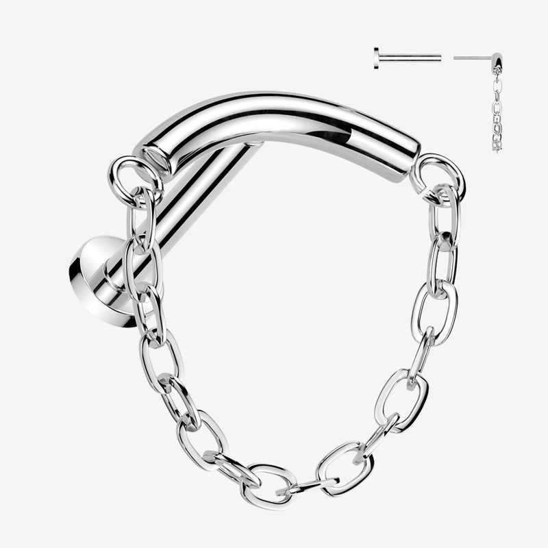Implant Grade Titanium OneFit Threadless Chained Curved Bar Top Flat Back Labret 18 GA (1mm), 5/16″ (8mm)