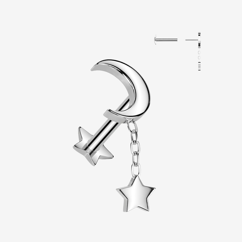 Implant Grade Titanium OneFit Threadless Crescent Moon Dangle Star Back Labret 18 GA (1mm), 5/16″ (8mm)