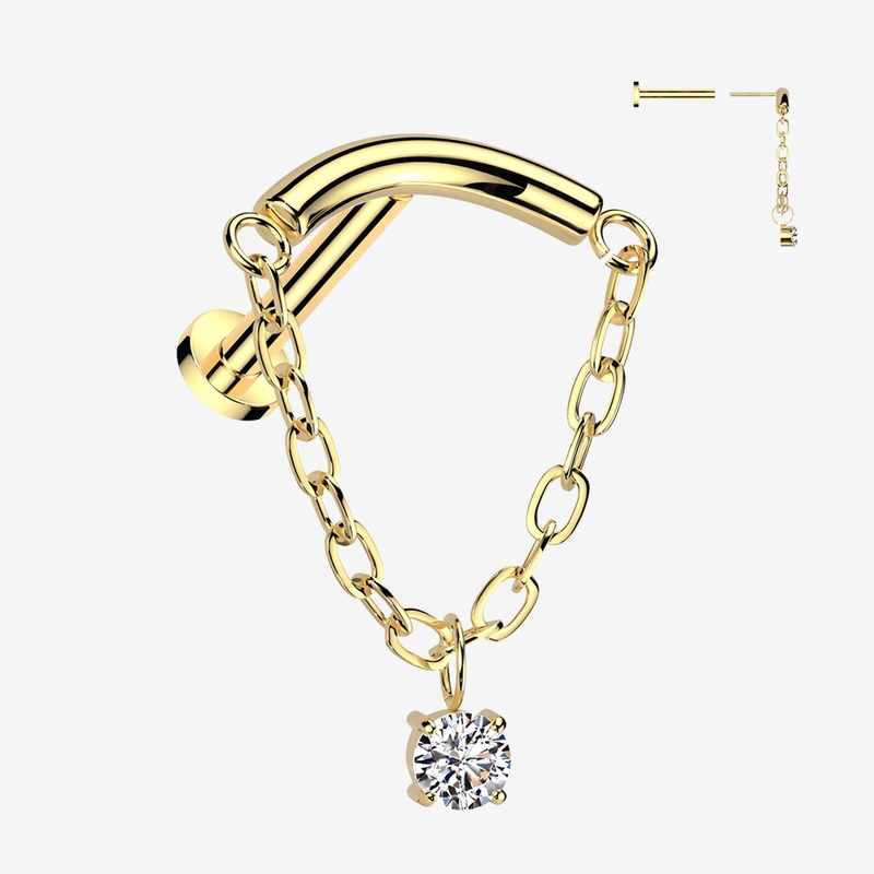 Implant Grade Titanium OneFit Threadless Golden Chained Curved Bar Sparkle Top Flat Back Labret 18 GA (1mm), 5/16″ (8mm)
