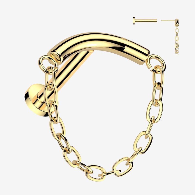 Implant Grade Titanium OneFit Threadless Golden Chained Curved Bar Top Flat Back Labret 18 GA (1mm), 5/16″ (8mm)