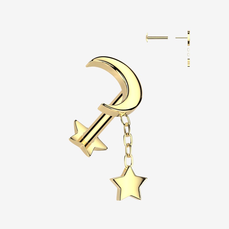 Implant Grade Titanium OneFit Threadless Golden Crescent Moon Dangle Star Back Labret 18 GA (1mm), 5/16″ (8mm)