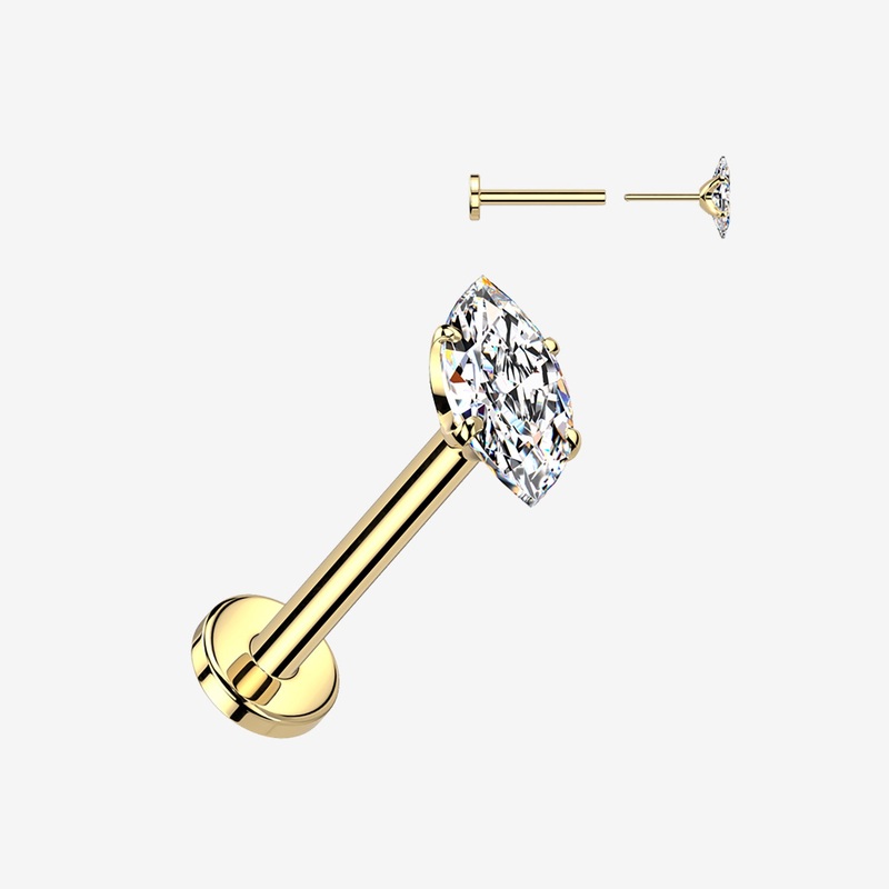 Implant Grade Titanium OneFit Threadless Golden Marquise Gem Sparkle Top Flat Back Labret 20 GA (0.8mm), 5/16″ (8mm)
