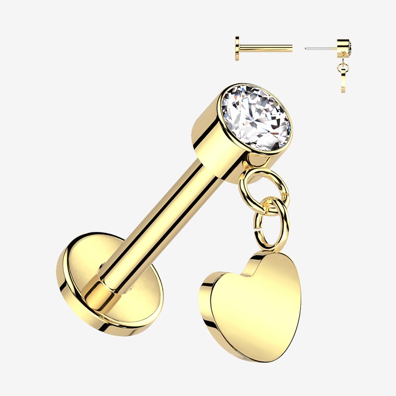 Implant Grade Titanium OneFit Threadless Golden Sparkle Dangle Heart Top Flat Back Labret 18 GA (1mm), 5/16″ (8mm)