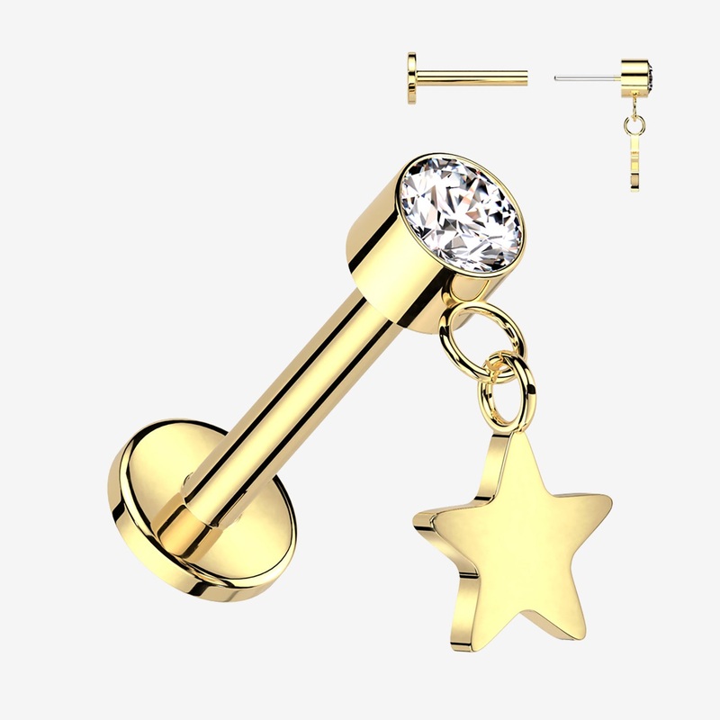 Implant Grade Titanium OneFit Threadless Golden Sparkle Dangle Star Top Flat Back Labret 18 GA (1mm), 5/16″ (8mm)