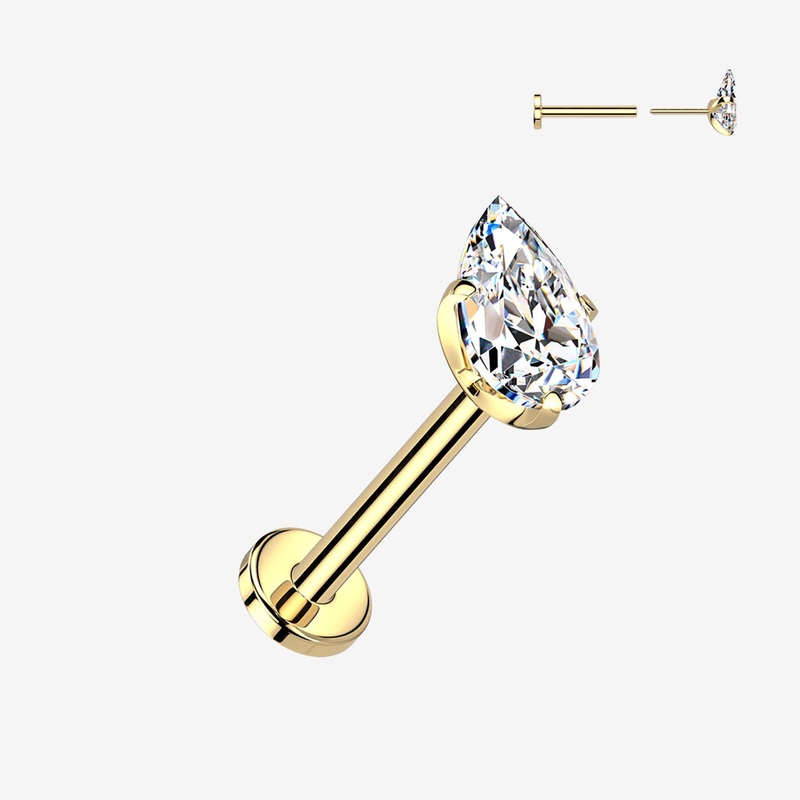 Implant Grade Titanium OneFit Threadless Golden Teardrop Gem Sparkle Top Flat Back Labret 20 GA (0.8mm), 5/16″ (8mm)