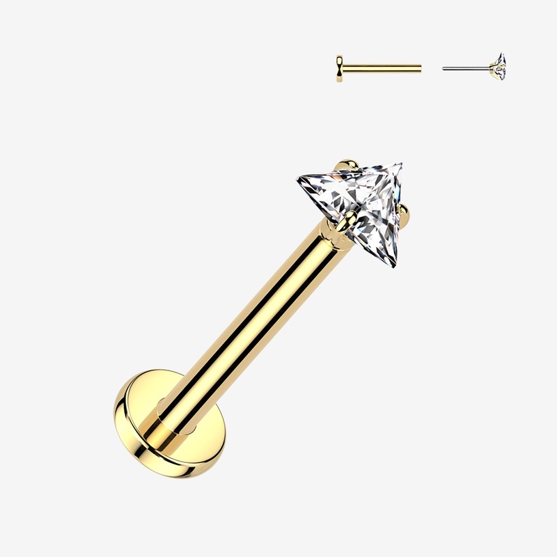 Implant Grade Titanium OneFit Threadless Golden Triangle Gem Sparkle Top Flat Back Labret 20 GA (0.8mm), 5/16″ (8mm)