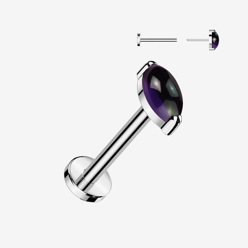 Implant Grade Titanium OneFit Threadless Marquise Amethyst Stone Top Flat Back Labret 18 GA (1mm), 5/16″ (8mm)