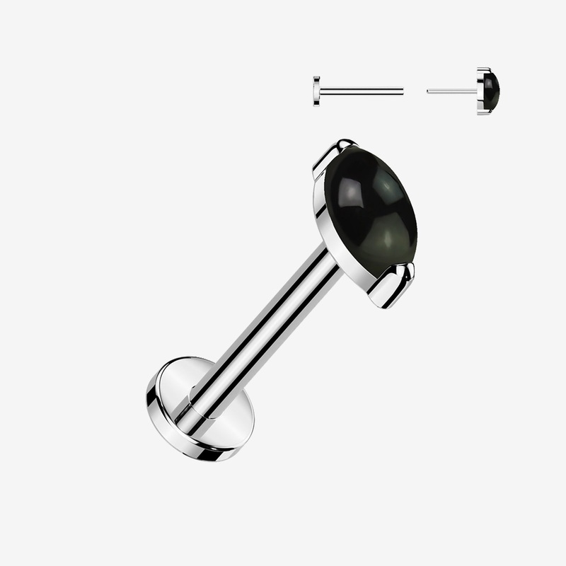Implant Grade Titanium OneFit Threadless Marquise Black Onyx Stone Top Flat Back Labret 18 GA (1mm), 5/16″ (8mm)