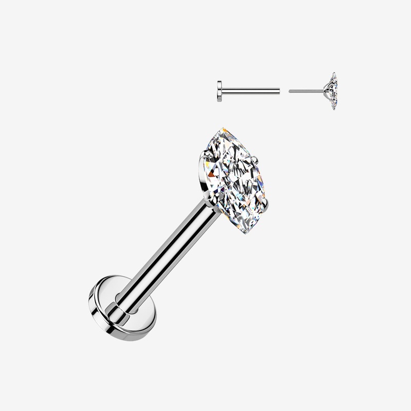 Implant Grade Titanium OneFit Threadless Marquise Gem Sparkle Top Flat Back Labret 20 GA (0.8mm), 5/16″ (8mm)