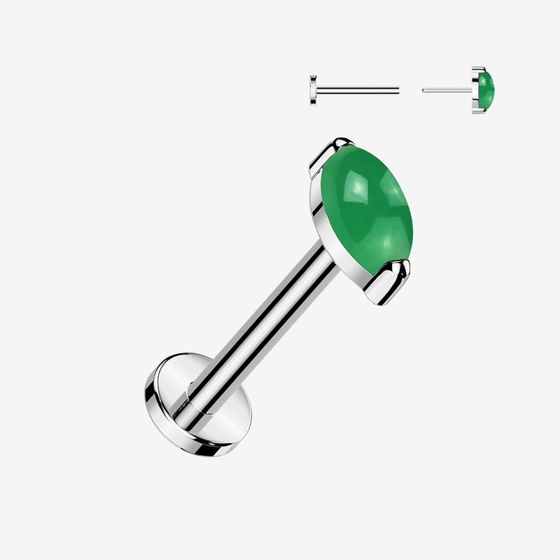 Implant Grade Titanium OneFit Threadless Marquise Jade Stone Top Flat Back Labret 18 GA (1mm), 5/16″ (8mm)