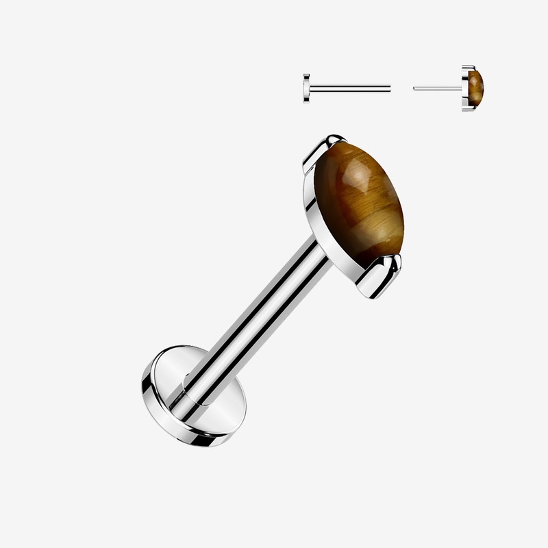 Implant Grade Titanium OneFit Threadless Marquise Tiger Eye Stone Top Flat Back Labret 18 GA (1mm), 5/16″ (8mm)