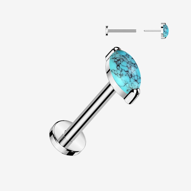 Implant Grade Titanium OneFit Threadless Marquise Turquoise Stone Top Flat Back Labret 18 GA (1mm), 5/16″ (8mm)