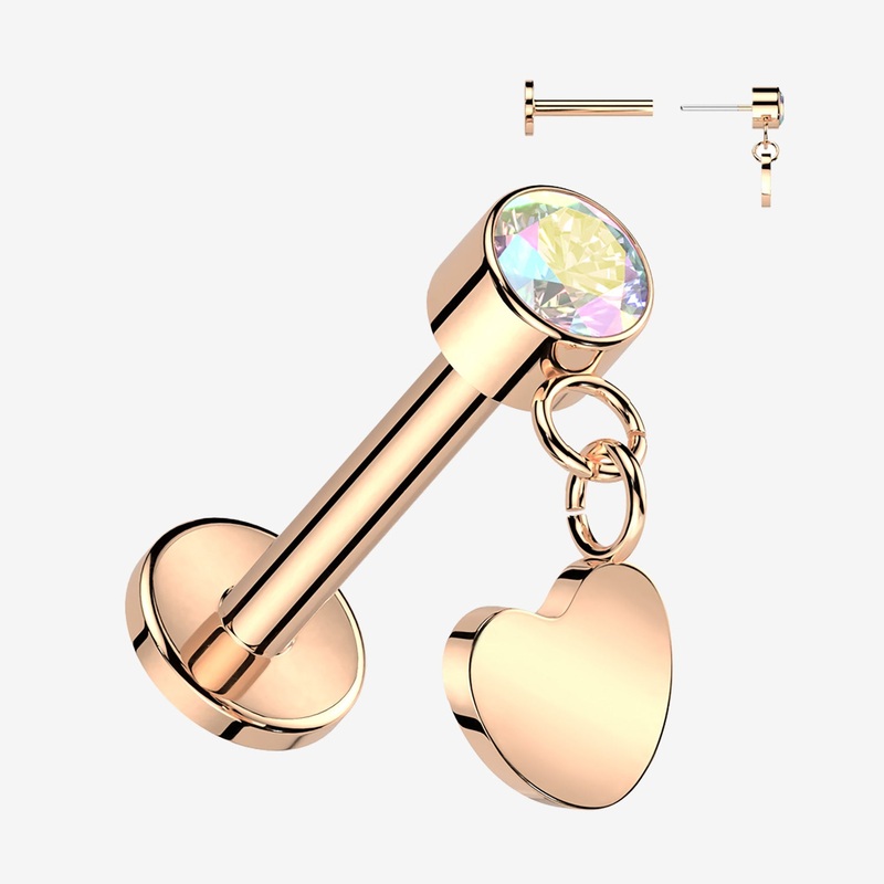 Implant Grade Titanium OneFit Threadless Rose Gold Sparkle Dangle Heart Top Flat Back Labret 18 GA (1mm), 5/16″ (8mm)