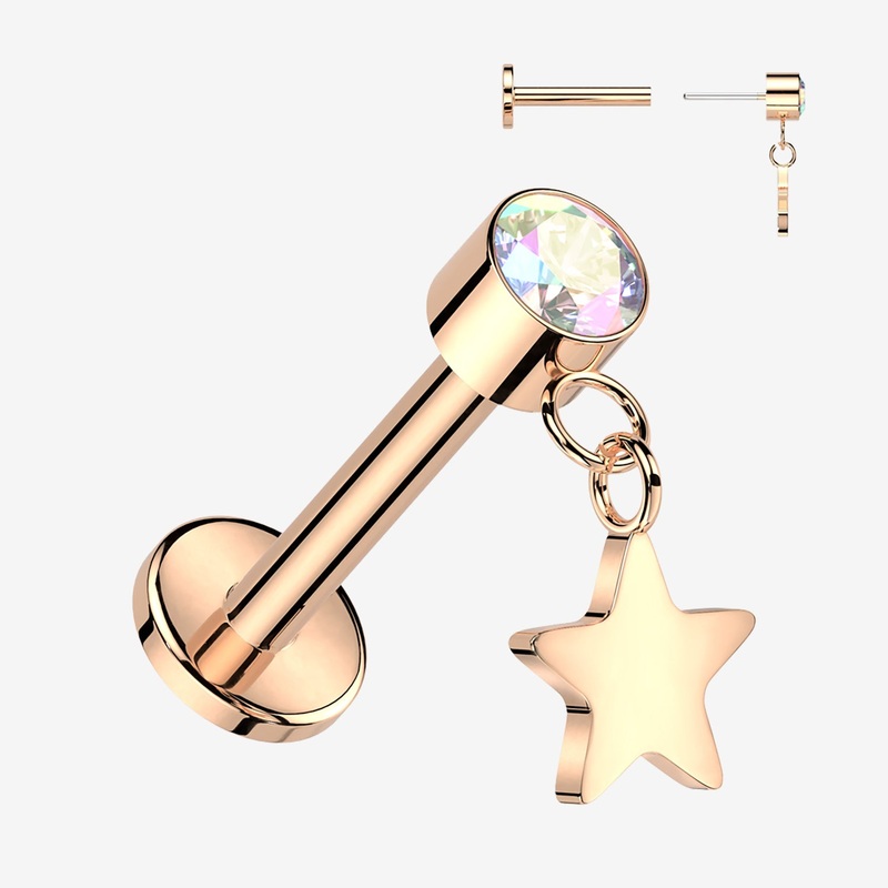 Implant Grade Titanium OneFit Threadless Rose Gold Sparkle Dangle Star Top Flat Back Labret 18 GA (1mm), 5/16″ (8mm)