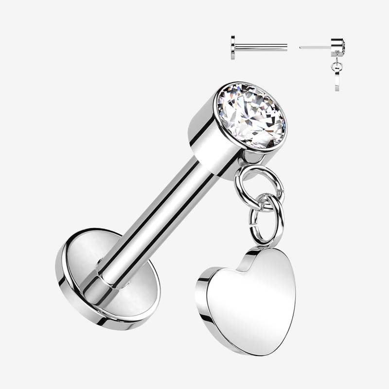 Implant Grade Titanium OneFit Threadless Sparkle Dangle Heart Top Flat Back Labret 18 GA (1mm), 5/16″ (8mm)