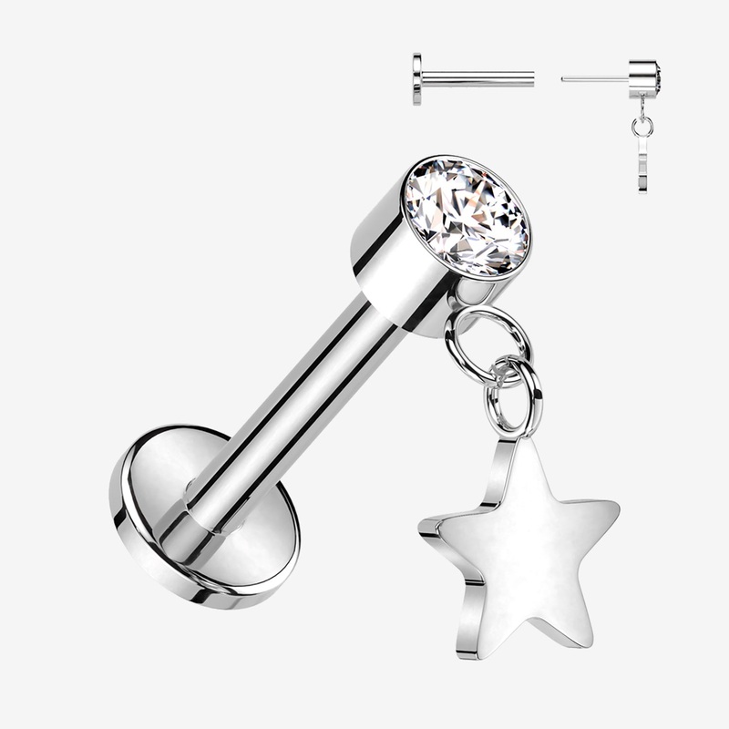 Implant Grade Titanium OneFit Threadless Sparkle Dangle Star Top Flat Back Labret 18 GA (1mm), 5/16″ (8mm)