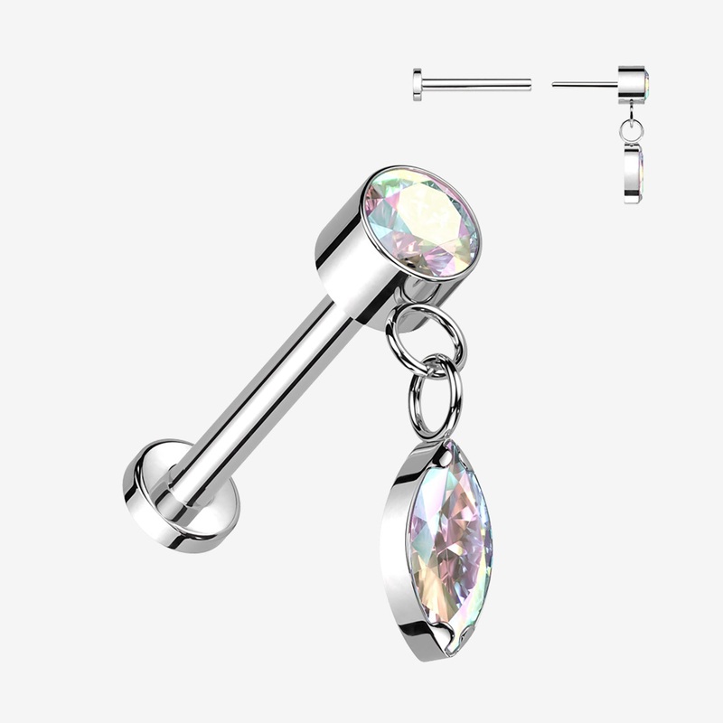 Implant Grade Titanium OneFit Threadless Sparkle Marquise Dangle Top Flat Back Labret 18 GA (1mm), 1/4″ (6mm)