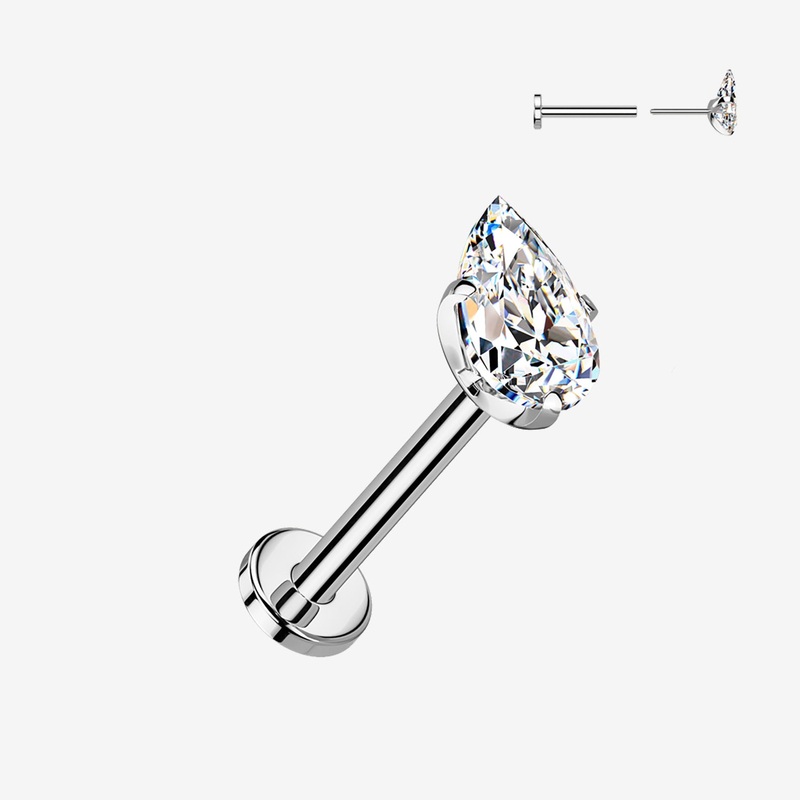 Implant Grade Titanium OneFit Threadless Teardrop Gem Sparkle Top Flat Back Labret 20 GA (0.8mm), 5/16″ (8mm)