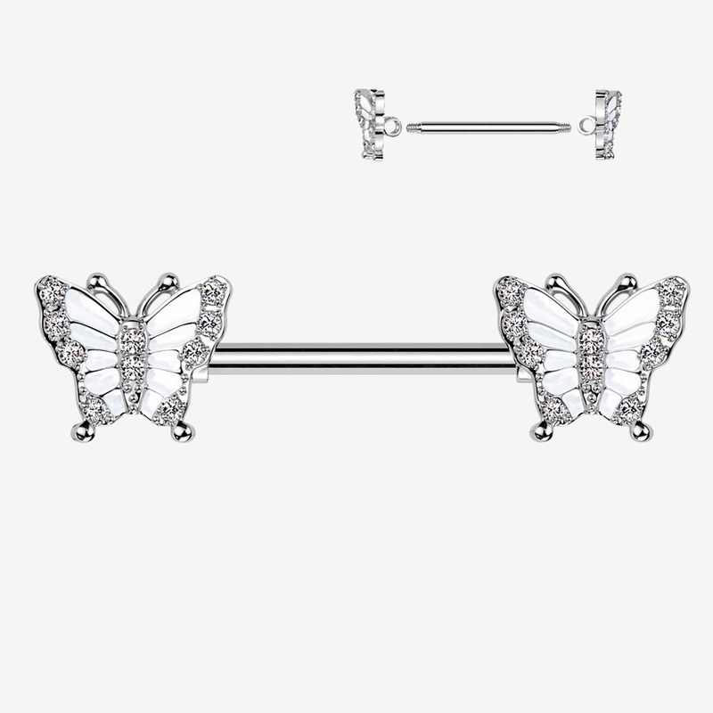 A Pair of Elegant Argent Butterfly Sparkle Nipple Barbell 14 GA (1.6mm), 1/2″ (12mm)