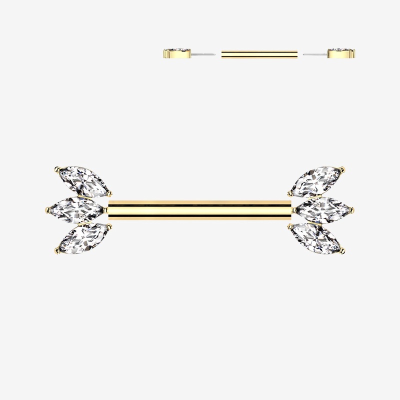 A Pair of Implant Grade Titanium OneFit Threadless Golden Marquise Flower Sparkle Nipple Barbell 14 GA (1.6mm), 1/2″ (12mm)