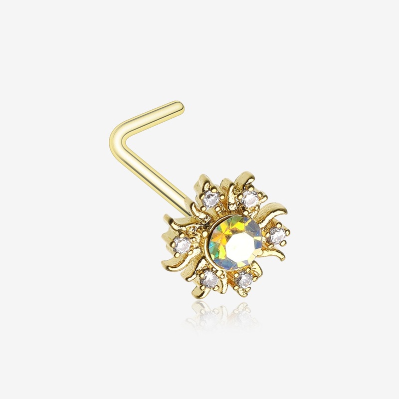 Golden Blazing Sparkle Sun L-Shaped Nose Ring