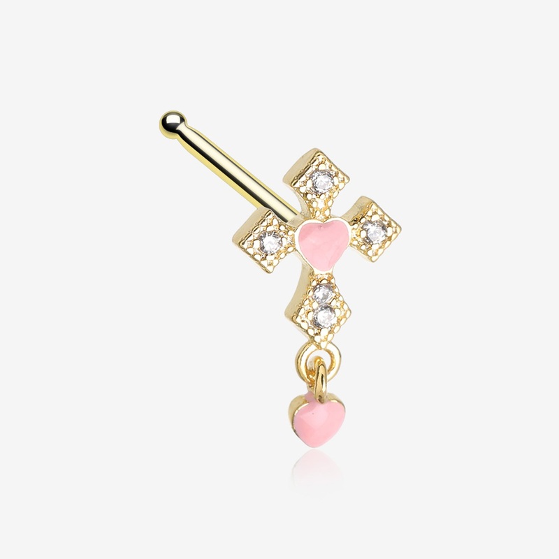 Golden Cross Sparkle Baby Heart Dangle Nose Stud Ring