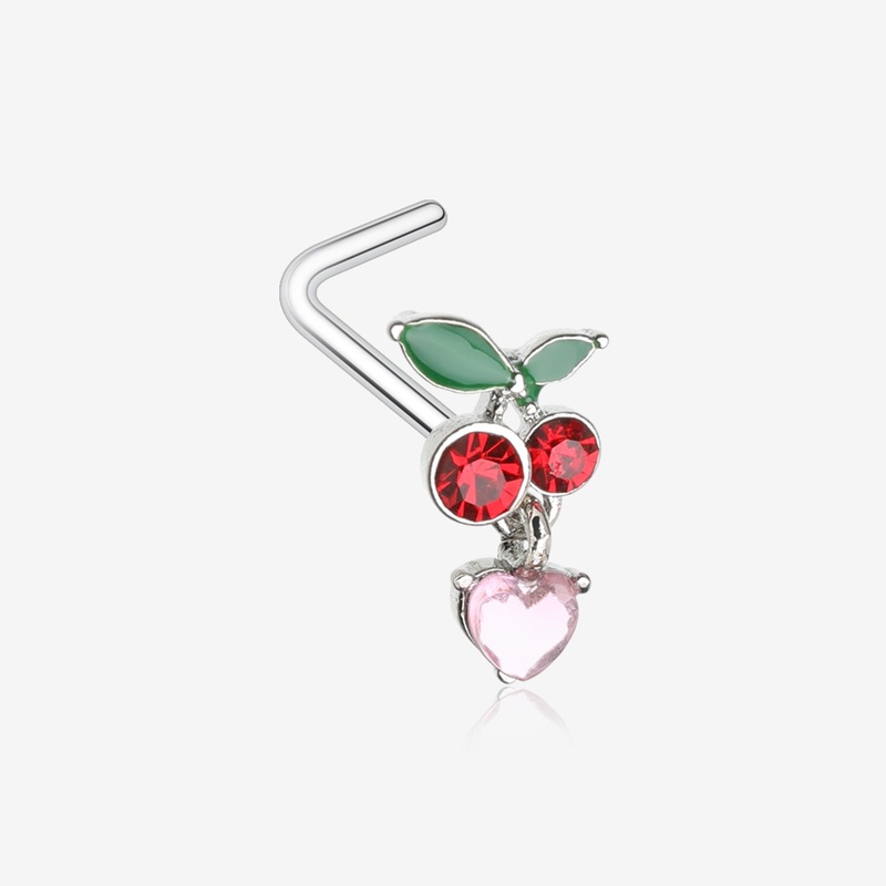 Juicy Cherry Sparkle Heart Dangle L-Shaped Nose Ring