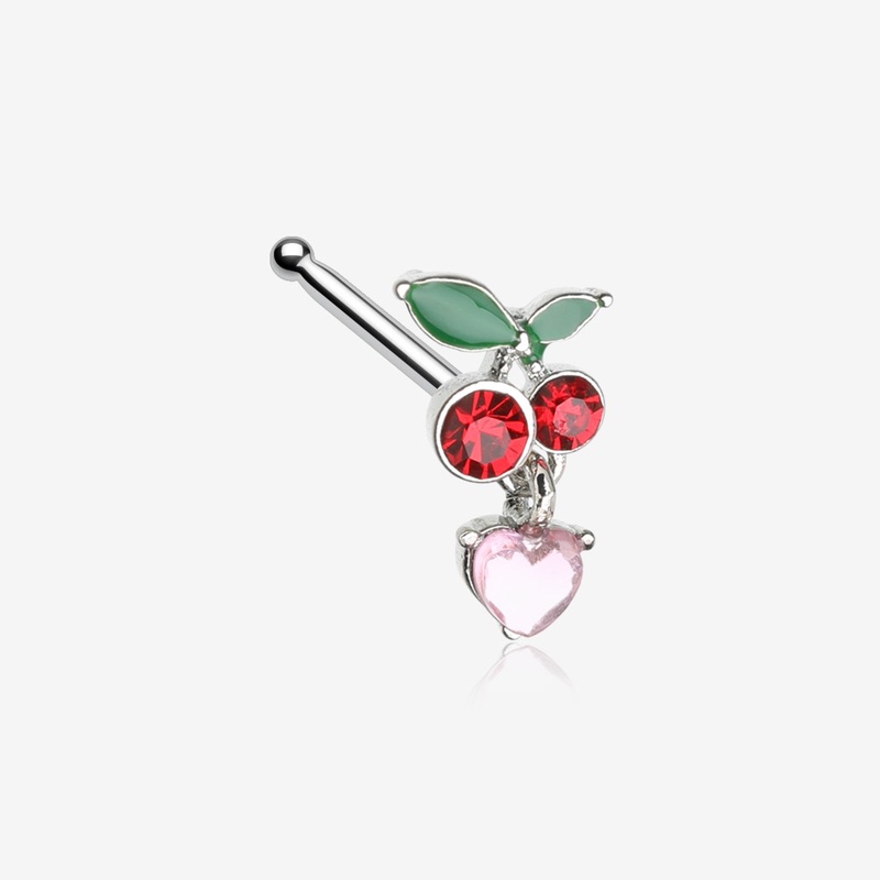 Juicy Cherry Sparkle Heart Dangle Nose Stud Ring
