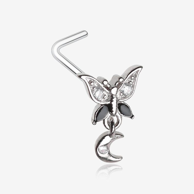 Midnight Butterfly Sparkle Crescent Moon Dangle L-Shaped Nose Ring