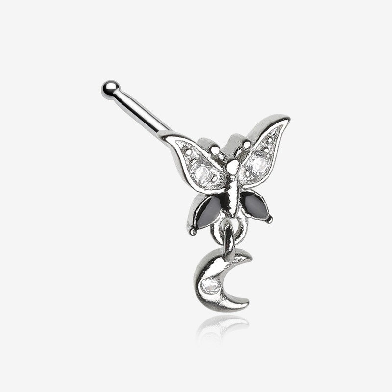 Midnight Butterfly Sparkle Crescent Moon Dangle Nose Stud Ring