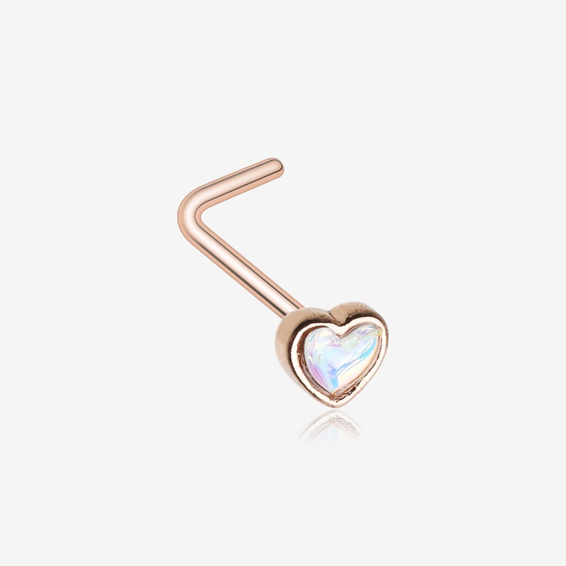 Rose Gold Iridescent Heart Icon L-Shaped Nose Ring