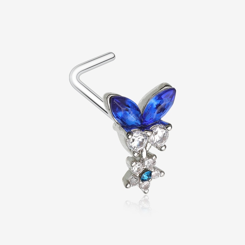 Royal Blue Butterfly Sparkle Dangle Flower L-Shaped Nose Ring